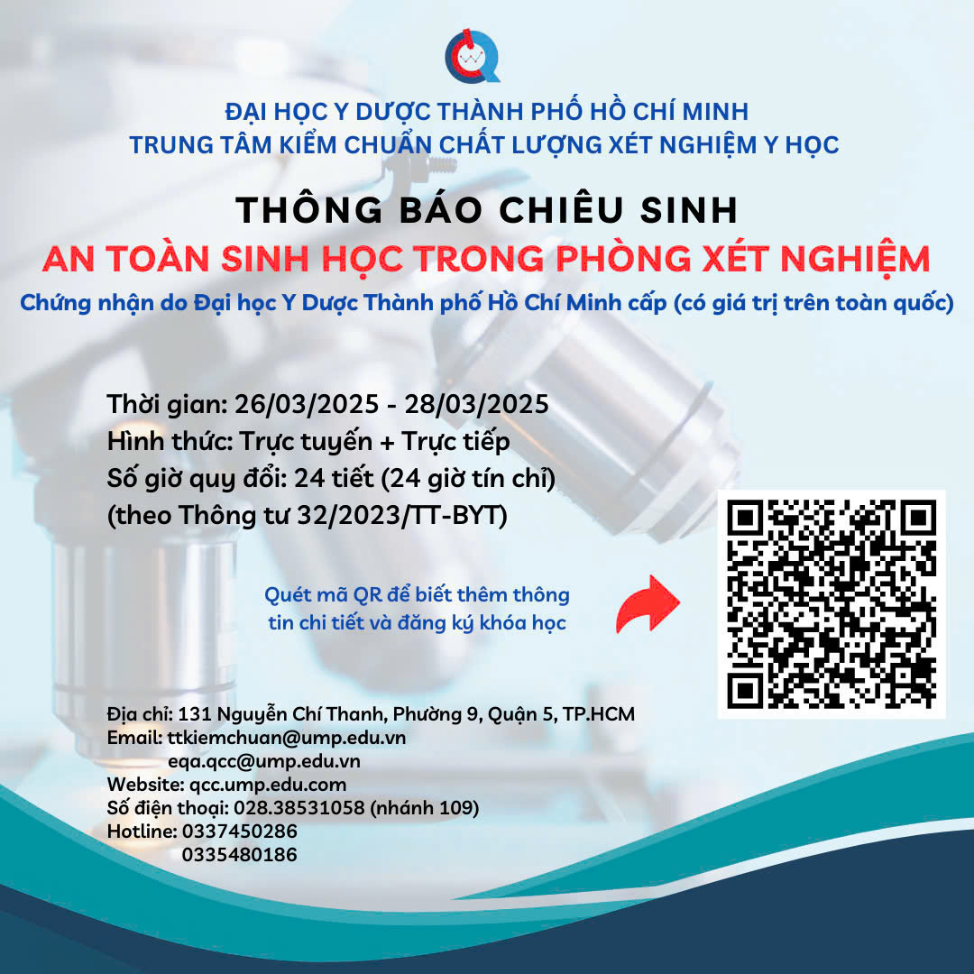 Thông báo chiêu sinh lớp “An toàn sinh học trong phòng xét nghiệm” Tháng 03.2025