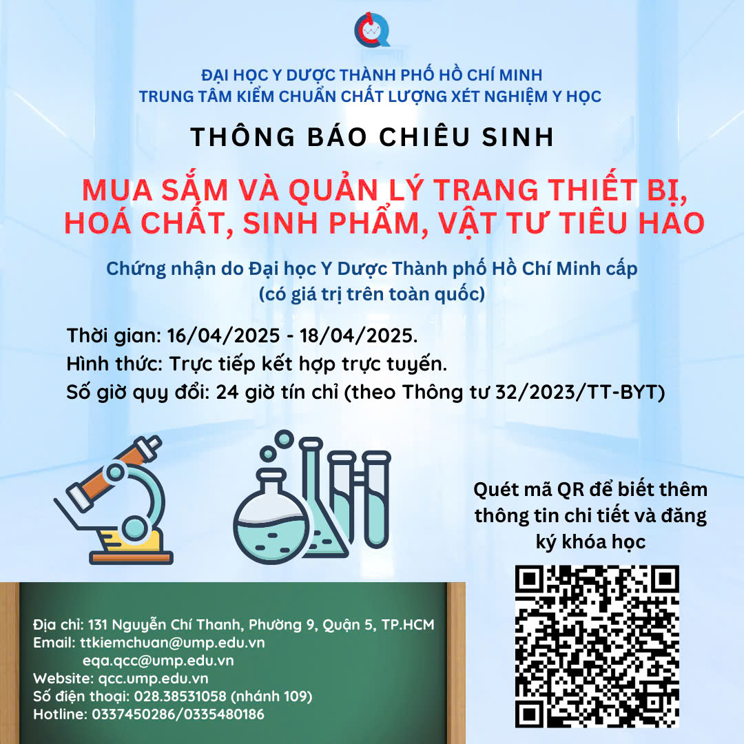 Thông báo Chiêu sinh lớp “Mua sắm và Quản lý trang thiết bị, hóa chất, sinh phẩm, vật tư tiêu hao” – Tháng 04.2025