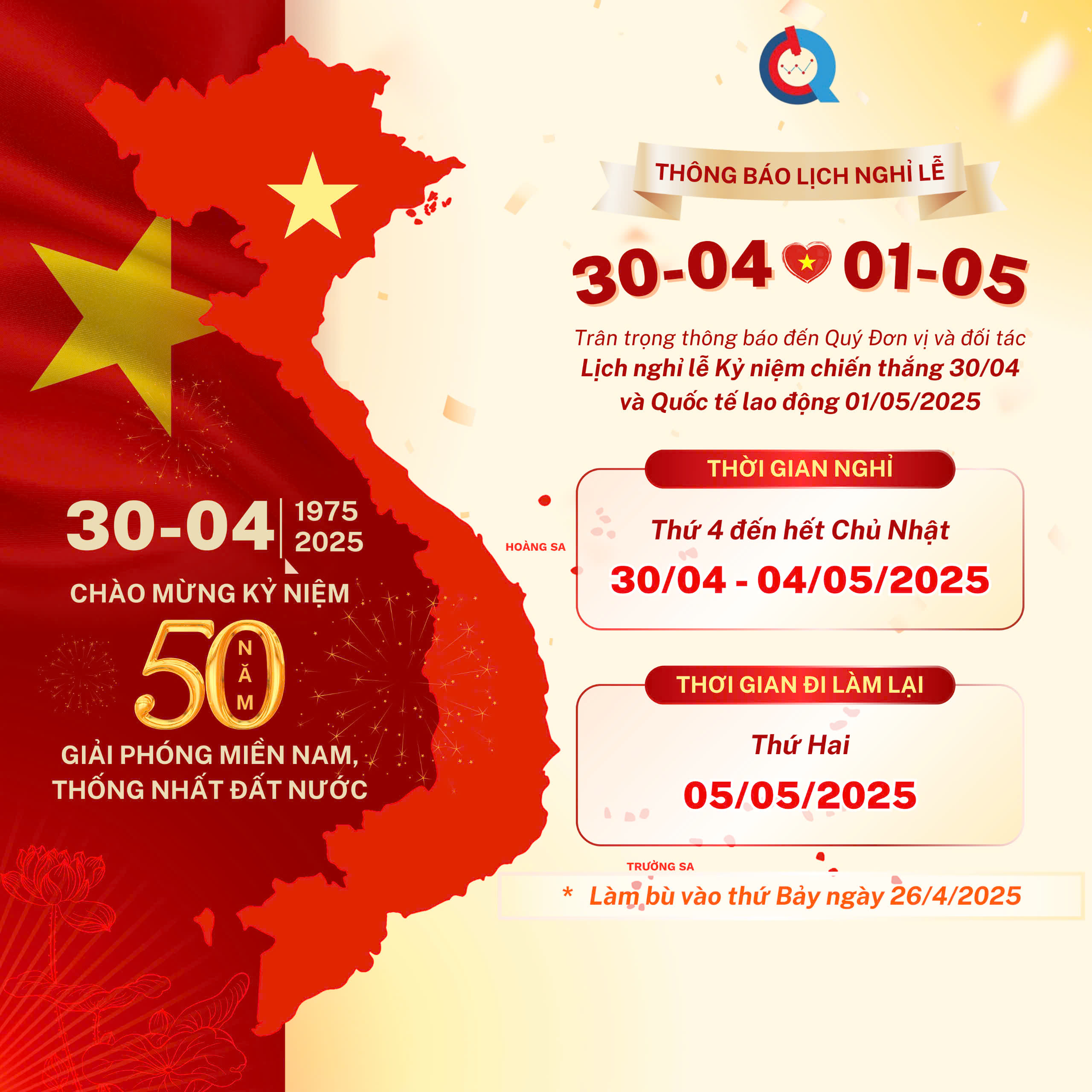 THÔNG BÁO LỊCH NGHỈ LỄ KỶ NIỆM NGÀY CHIẾN THẮNG 30/4 VÀ NGÀY QUỐC TẾ LAO ĐỘNG 1/5