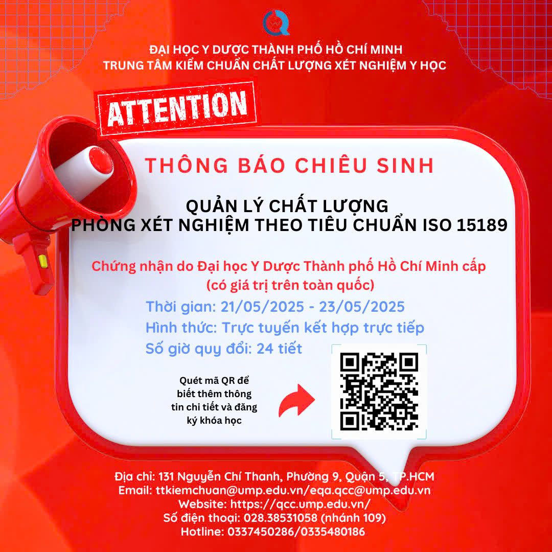 Thông báo Chiêu sinh lớp “Quản lý chất lượng phòng xét nghiệm theo tiêu chuẩn ISO 15189” – Tháng 05.2025