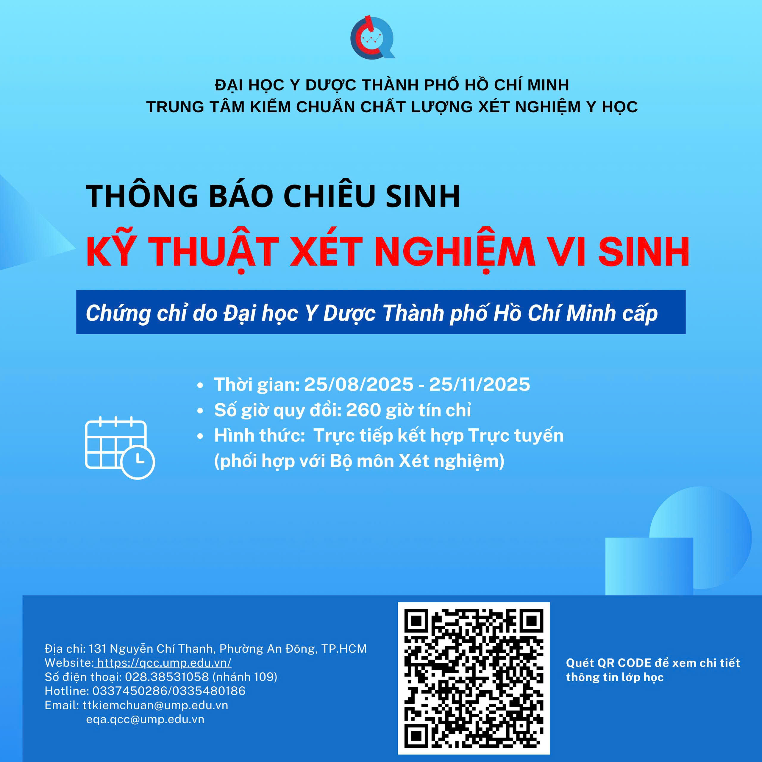 Thông báo chiêu sinh lớp “Kỹ thuật xét nghiệm Vi sinh” Tháng 08-11.2025