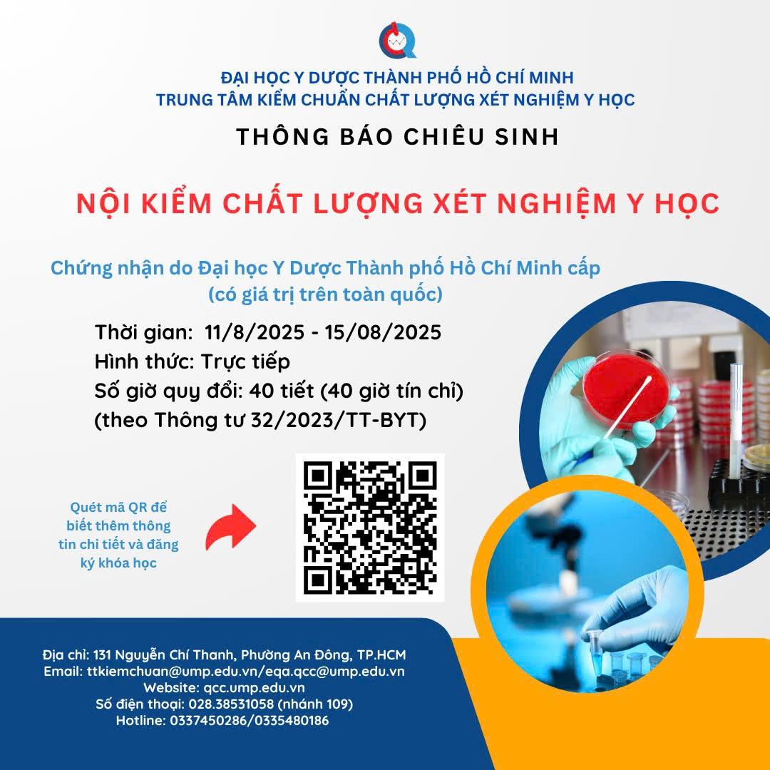 Thông báo chiêu sinh lớp “Nội kiểm chất lượng xét nghiệm học” Tháng 08.2025