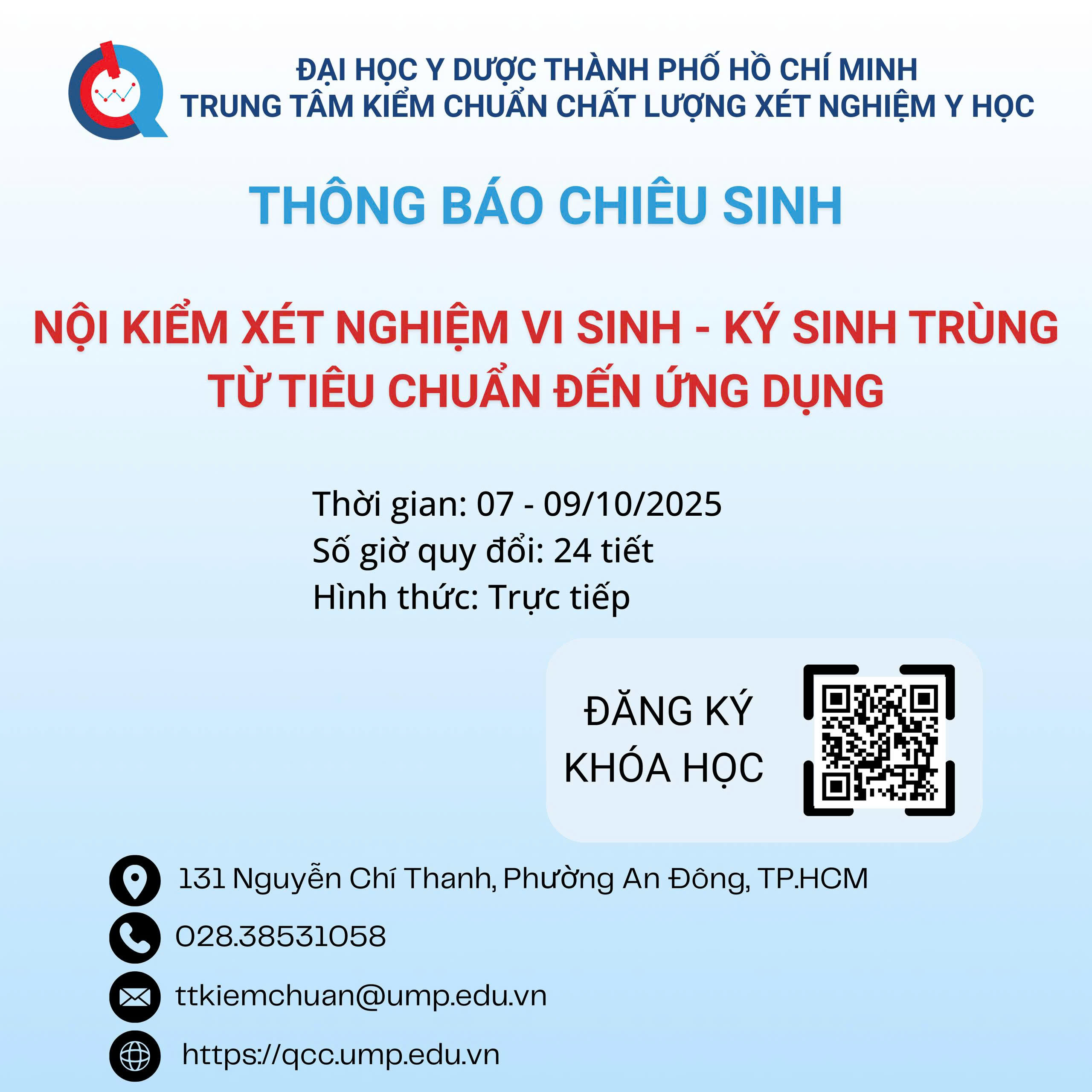 Thông báo chiêu sinh lớp “Nội kiểm xét nghiệm vi sinh – ký sinh từ tiêu chuẩn đến ứng dụng” Tháng 10.2025