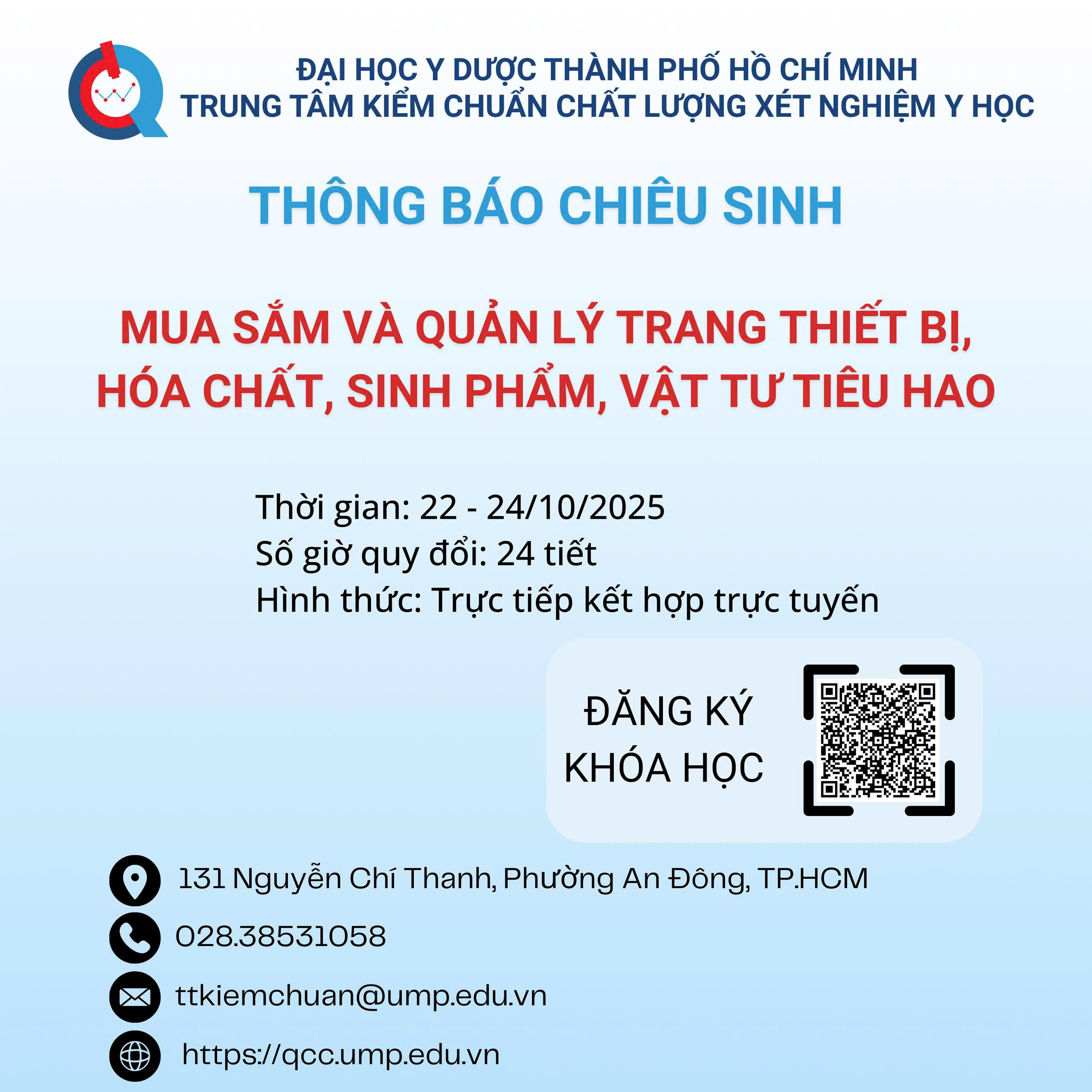 Thông báo Chiêu sinh lớp “Mua sắm và Quản lý trang thiết bị, hóa chất, sinh phẩm, vật tư tiêu hao” – Tháng 10.2025