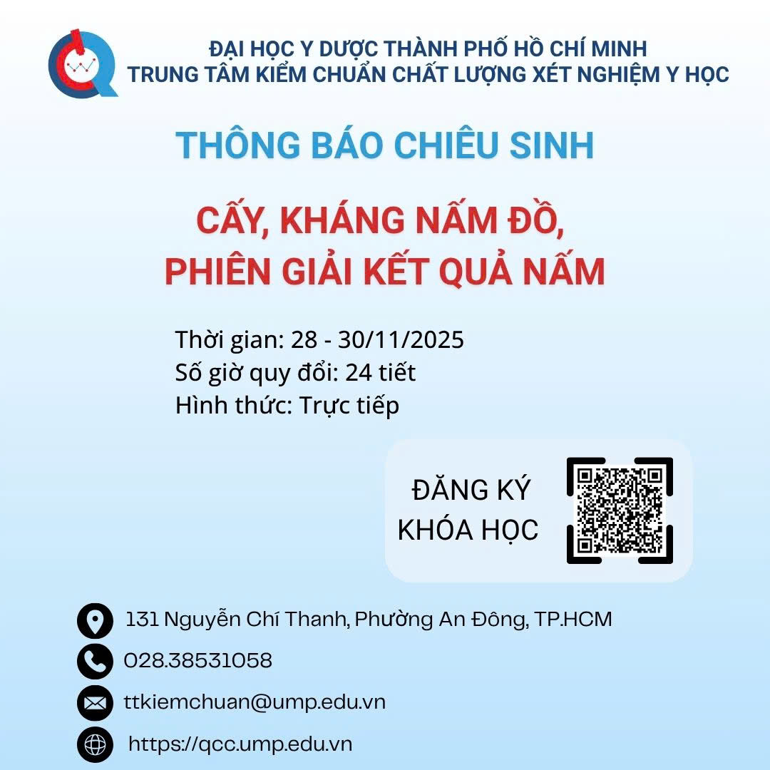Thông báo Chiêu sinh lớp “Cấy, kháng nấm đồ, phiên giải kết quả nấm” – Tháng 11.2025