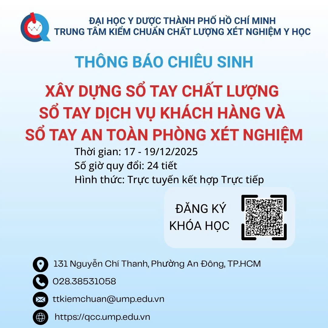 Thông báo chiêu sinh lớp “Xây dựng Sổ tay chất lượng, Sổ tay dịch vụ khách hàng và Sổ tay an toàn phòng xét nghiệm” Tháng 12.2025