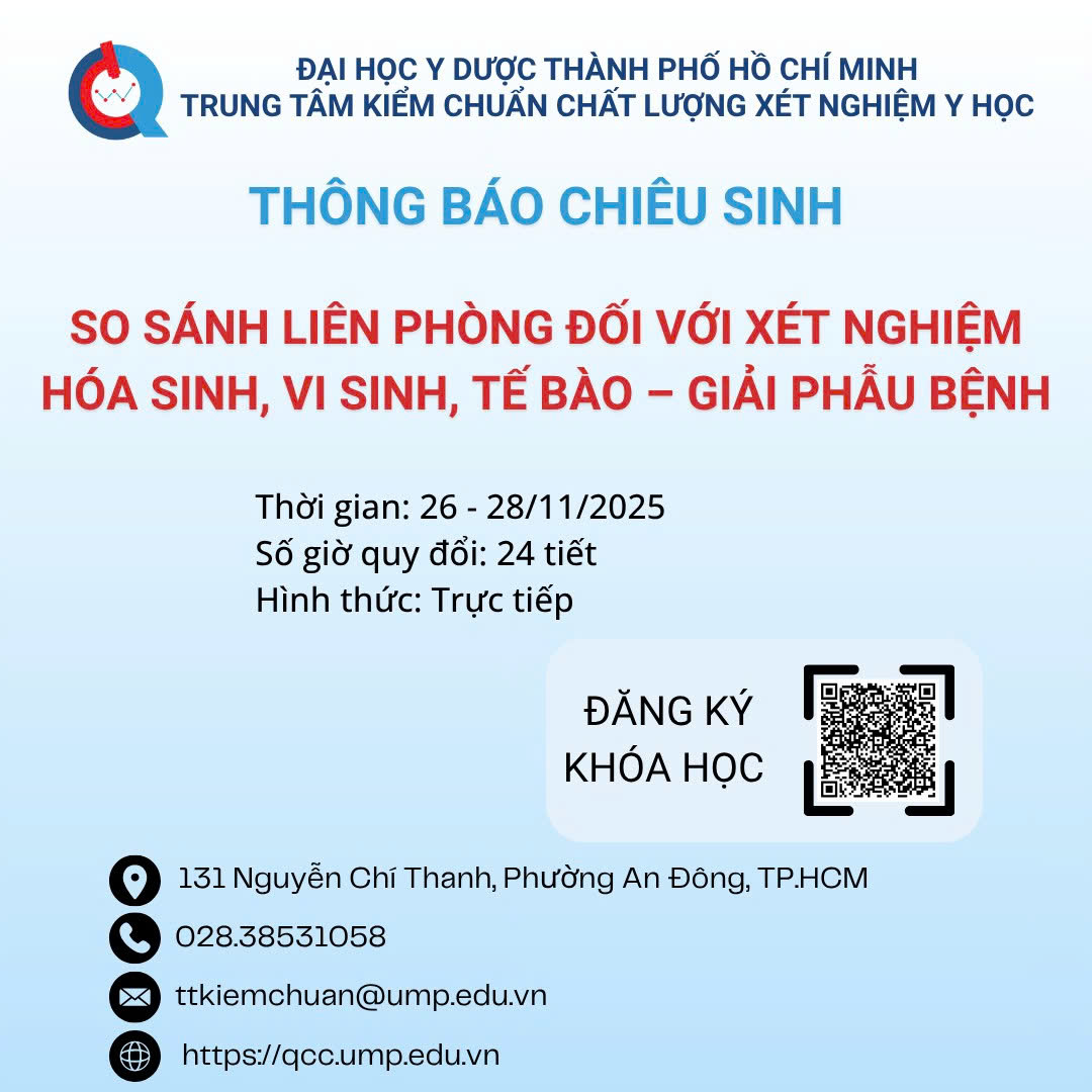 Thông báo Chiêu sinh lớp “So sánh liên phòng đối với xét nghiệm Hóa sinh, vi sinh, tế bào – giải phẫu bệnh” – Tháng 11.2025
