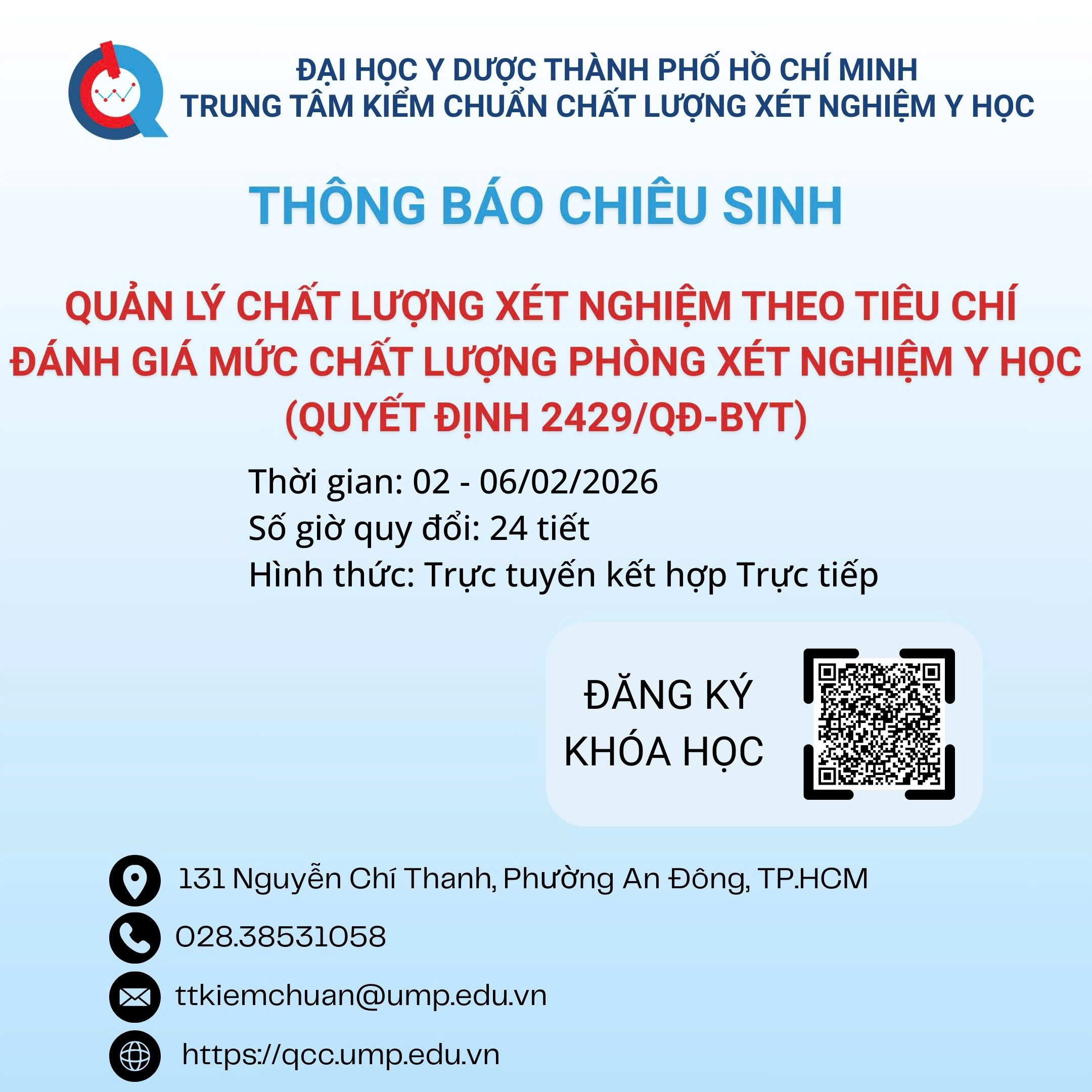 TBCS “QLCL xét nghiệm theo Tiêu chí đánh giá mức chất lượng PXN y học – Quyết định 2429/QĐ-BYT” – Tháng 02.2026