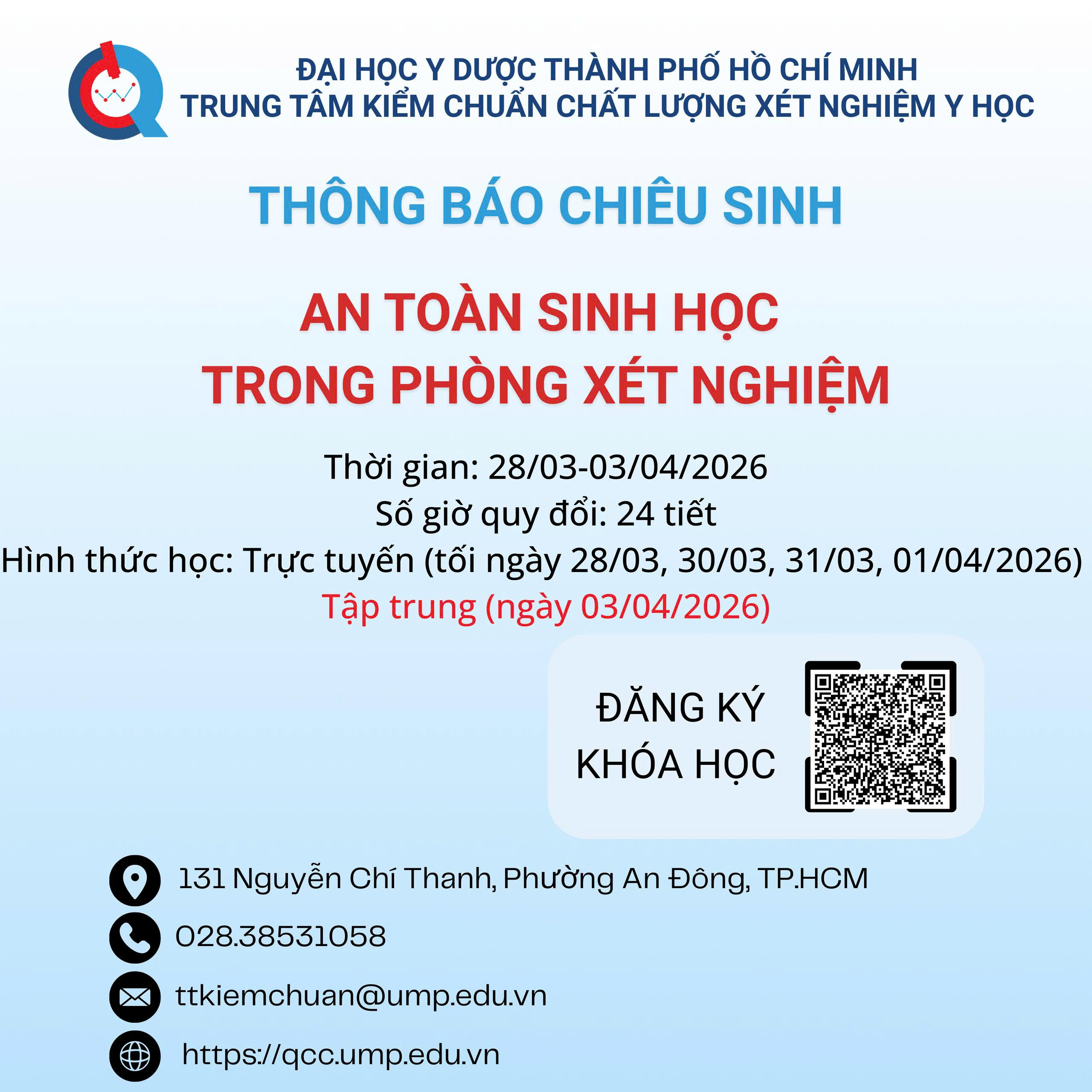 Thông báo Chiêu sinh lớp “An toàn sinh học trong phòng xét nghiệm” – Tháng 03.2026